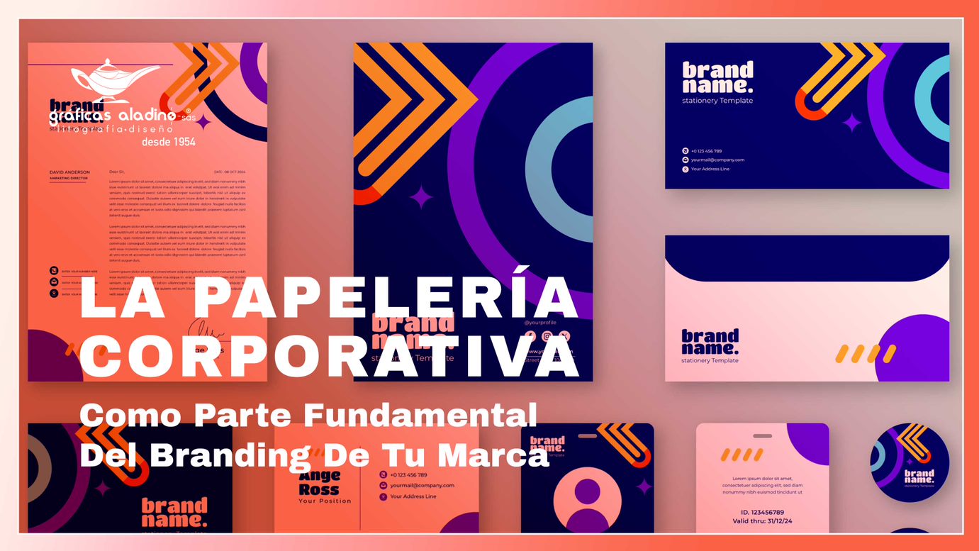 Papelería corporativa profesional sobre fondo blanco con logotipo personalizado, tarjetas y sobres con acabados modernos