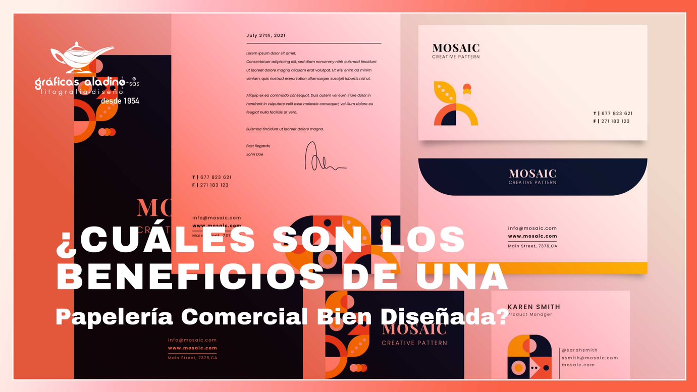 Papelería corporativa personalizada con diseño profesional de Gráficas Aladino, ideal para empresas que buscan destacar su imagen de marca.